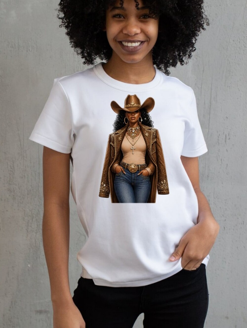 Luxury Western Cowgirl Graphic Tee - Brown Leather Style Size M
